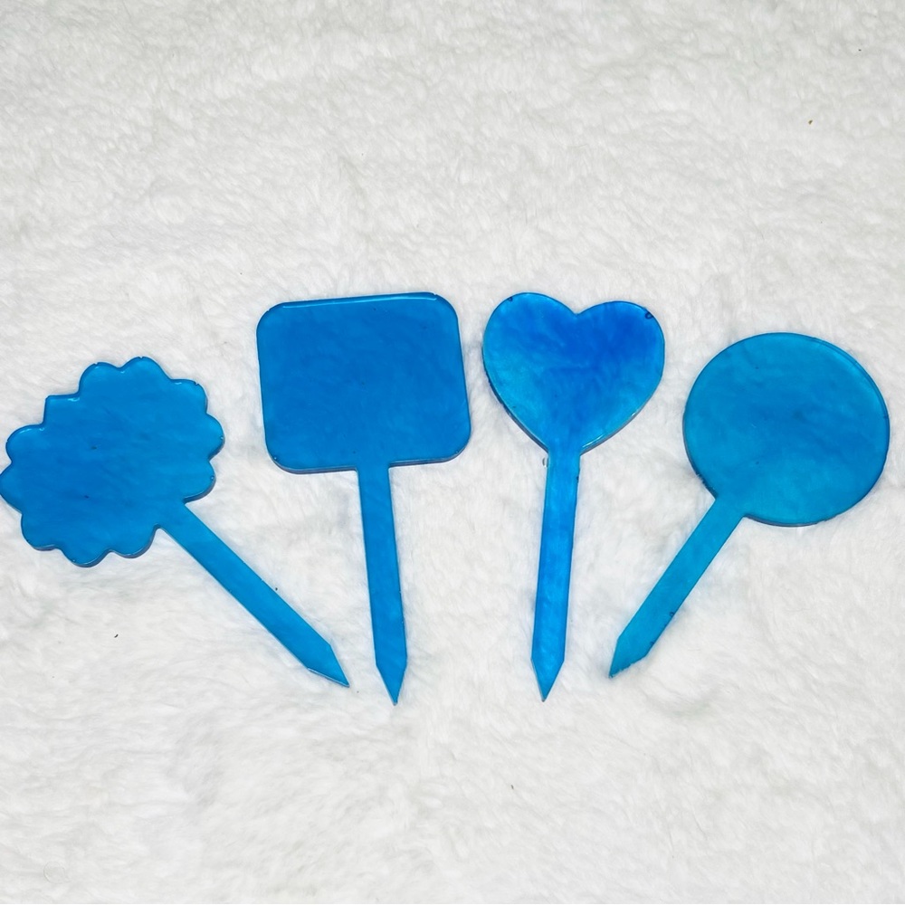 Set of 4 Translucent Blue Plant Markers Hand Crafted Resin Gift Set Cake Toppers